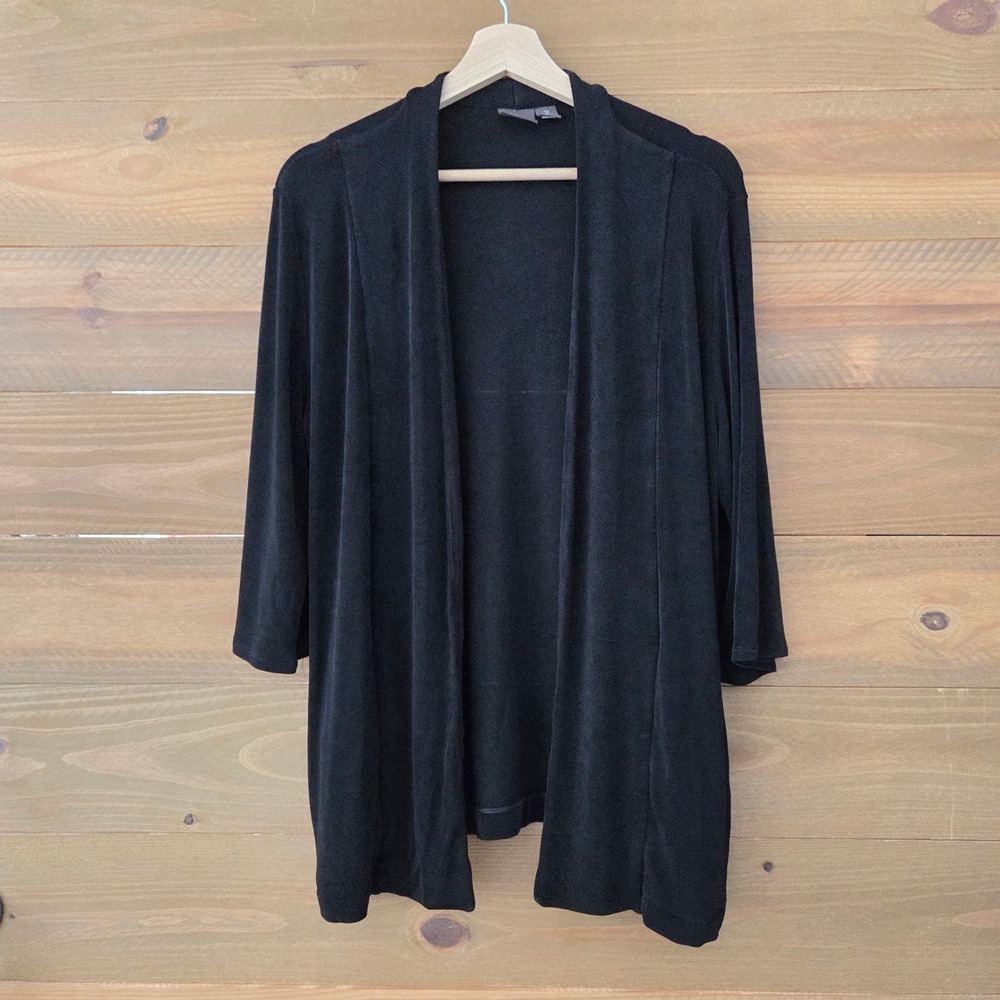 Chico's Travelers Cardigan Black Open Front 3/4 Sleeve Pockets Womens Size 2 L